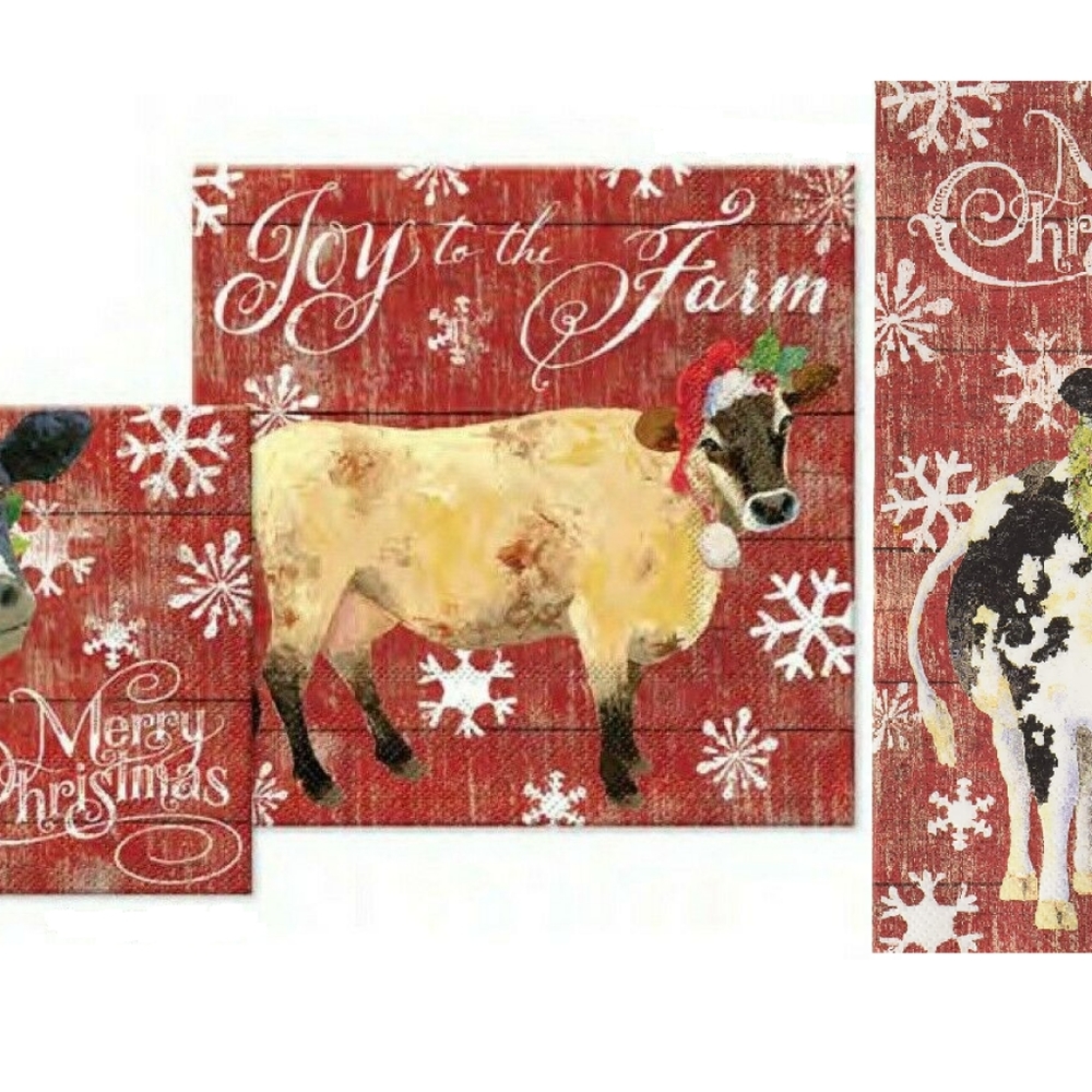 Joy to the Farm Christmas Dinner Beverage Guest Napkins  Farmhouse Cow Pattern